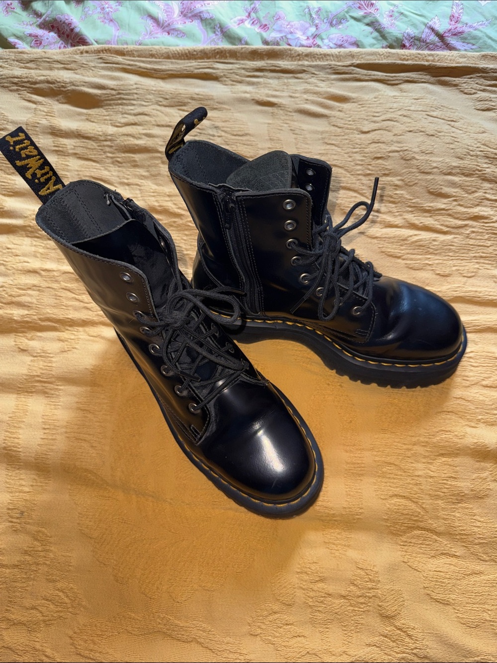 Dr. Martens Jadon Size 9 Platform Black Combat Boots with Yellow Welt Stitching